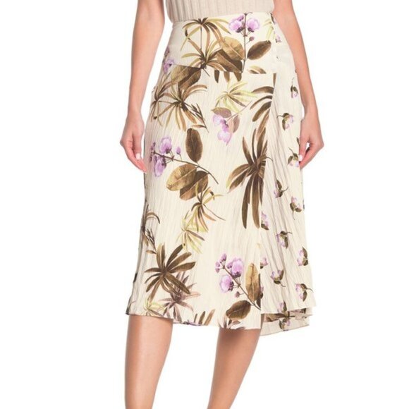 Vince Mixed Tropical Garden Midi Skirt Pale Alder Size 16 New with tags